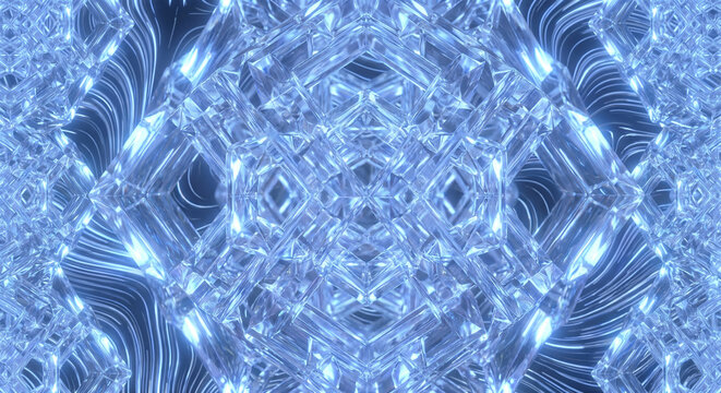 Symmetrical glowing blue digital kaleidoscope pattern composed of intricate fractal ornaments and geometric futuristic light reflections