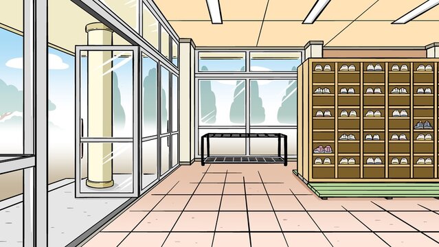 Japanese School Entrance Hall with Shoe Rack