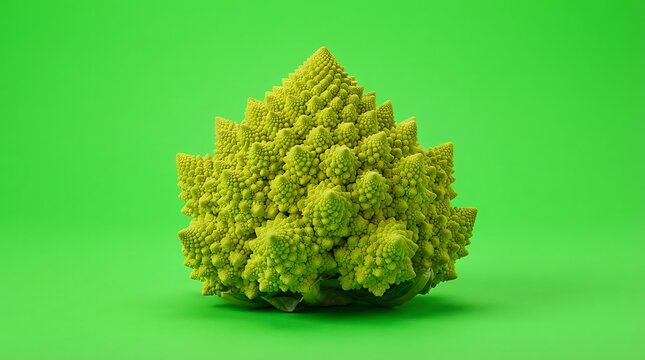 A single head of romanesco broccoli isolated on a bright green background