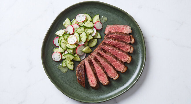 Juicy sliced medium rare grilled beef steak paired with fresh green cucumber salad garnished with herbs on dark round ceramic plate over clean white marble background