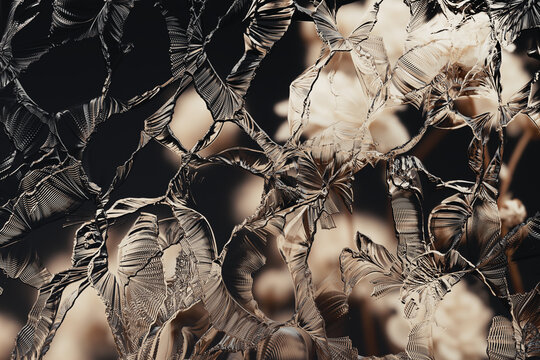 3D rendering abstract dark background with transparent glass crystals and blurred soft beige flowers for luxury cosmetic packaging, perfume branding, elegant web design, botanical concept.