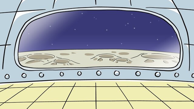 View of Lunar Surface and Starry Space from Spaceship Window