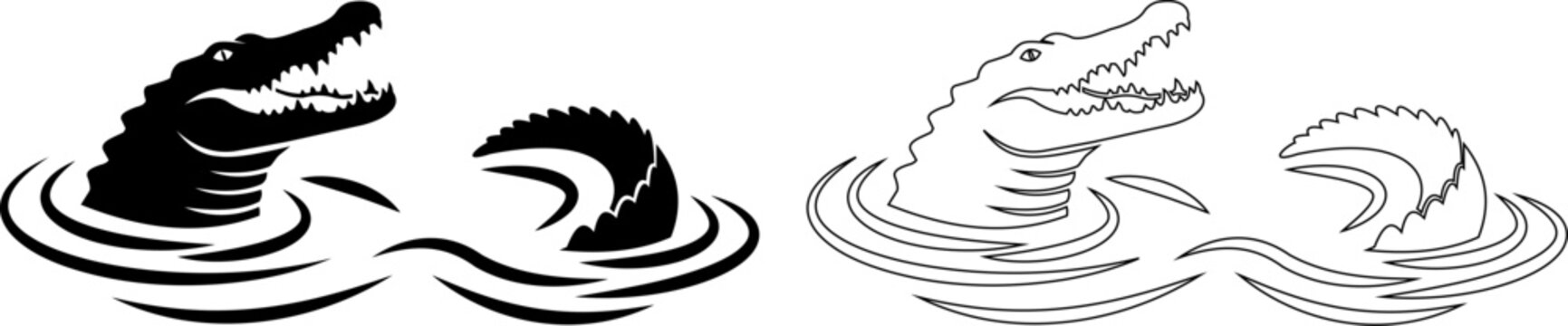 Alligator or crocodile head and back emerging from water vector illustration