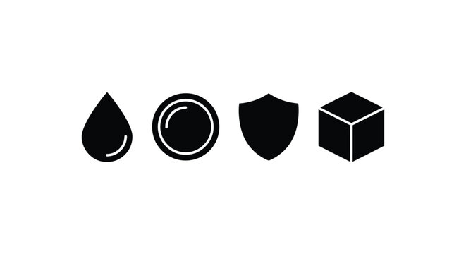 Four black silhouettes depict a droplet circle heart and cube against a white background waterdrop