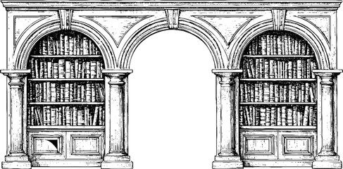 Obraz premium Antique engraved three-arch bookcase with central passage and flanking shelves for vintage background and interior design poster