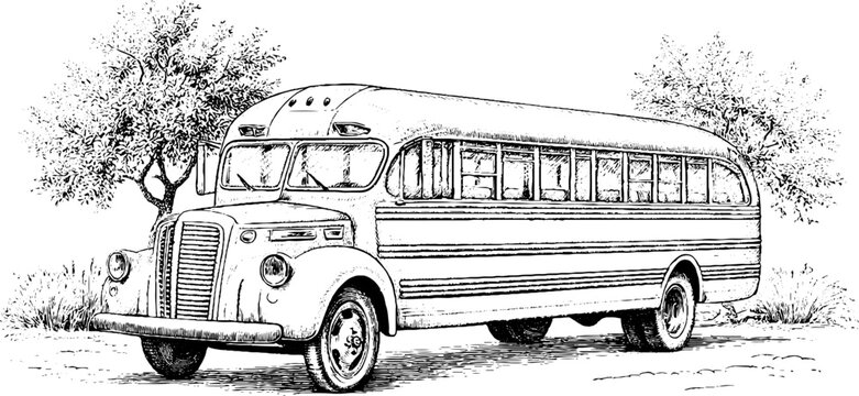 Antique engraving classic school bus perspective illustration with front grill and rounded roof for design poster background