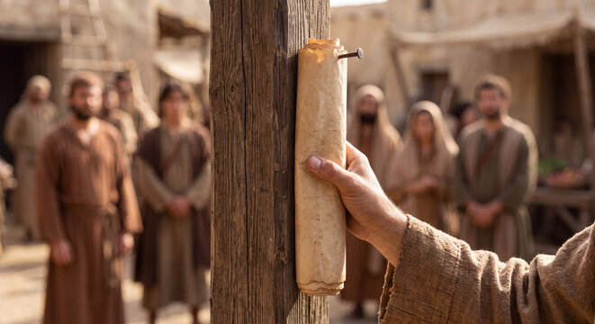 A close view shows hands affixing an ancient parchment scroll to a wooden timber post against the blurred background of a biblical village crowd.
