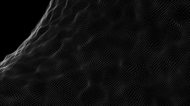 Abstract wave of glowing white dots moving through space on a black background an elegant visual representation