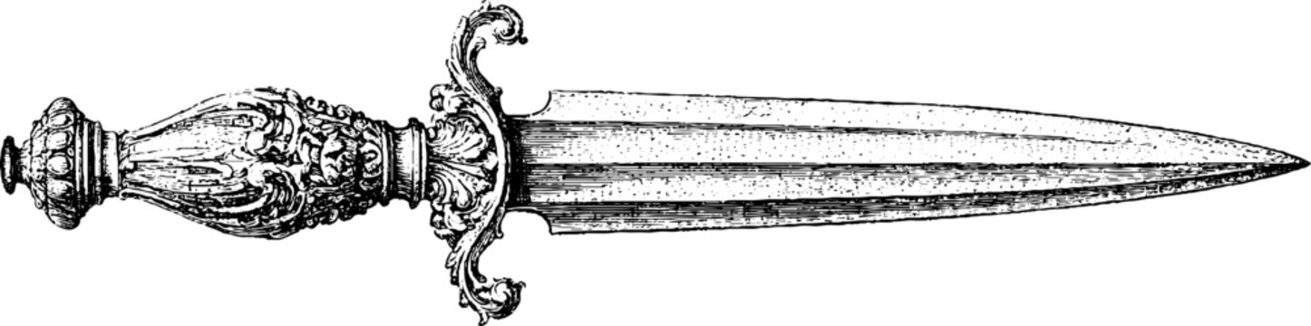 Antique ornate dagger engraving isolated on white background for historical design background poster and ornamental decoration