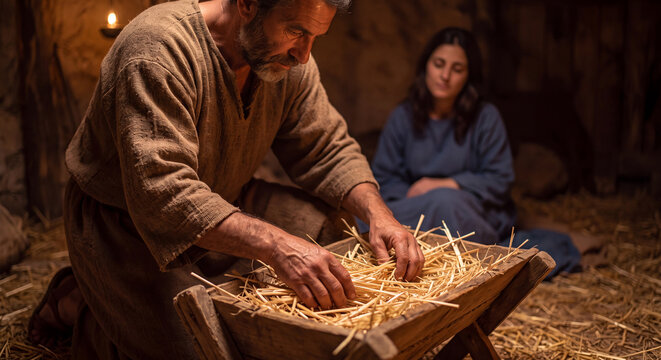 Joseph carefully prepares the wooden manger with fresh golden straw inside stable while Mary in blue robe looks on lovingly