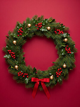 A full circular lush evergreen Christmas wreath decorated with gold baubles and red ribbon centered on a vibrant red background