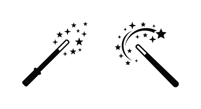 Black silhouette of two magic wands with sparkling stars on a white background wand star