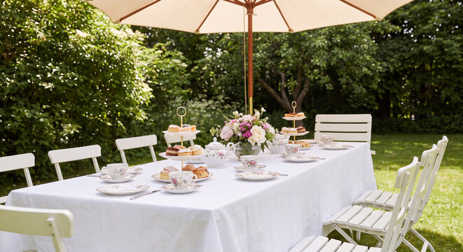 An outdoor dining banquet table styled with fresh floral centerpieces and fine tableware rests under a wide cream umbrella on a lush green lawn