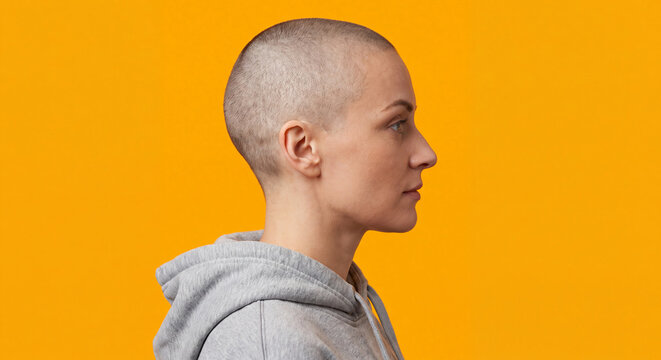 Side profile portrait of a confident young woman with buzz cut hairstyle wearing casual hoodie isolated against bright vibrant yellow background