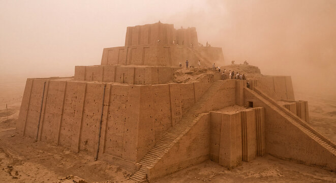 The monumental terraced structure of an ancient Mesopotamian ziggurat stands enveloped in warm dusty haze during a desert sandstorm under soft sunlight