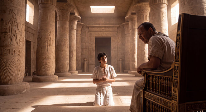 A young man in pale robes stands respectfully before an ancient ruler seated on an elevated throne in a majestic sunlit stone audience hall