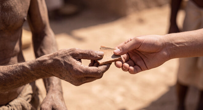 Detailed view of weathered hands pouring golden wheat grains into an outstretched cupped hand symbolizing food distribution charity and harvest