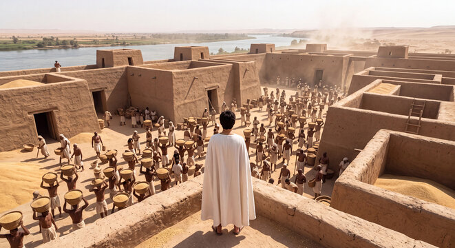 A man in white robes stands on a high terrace overseeing numerous workers and circular storage granaries in an ancient desert agricultural settlement