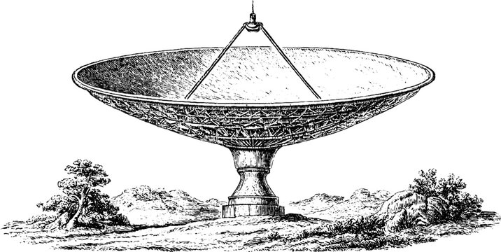 Antique engraving of a large radio telescope isolated on white background for vintage science background and observatory poster