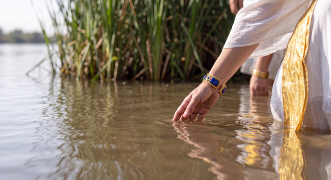 A gentle hand reaching down from a flowing white garment touches the clear reflective river water beside vibrant green aquatic plants