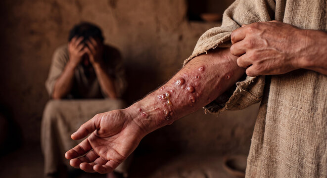 A suffering man examines infected sores and blistering boils covering his arm during the biblical plague of boils in ancient times
