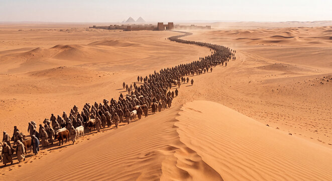 Wide aerial perspective of a massive winding caravan of people traversing sweeping arid sand dunes in an expansive sunlit desert wilderness