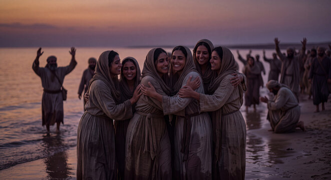 Joyful women in ancient flowing robes embracing and singing in celebration on the seashore under a vibrant warm sunset sky