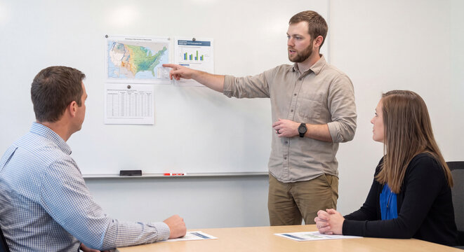 Three business professionals sit and stand by a whiteboard reviewing charts and maps during a collaborative meeting in a bright conference room