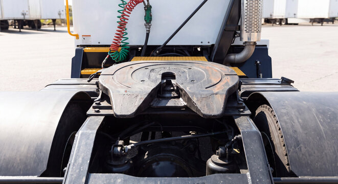 A close up view displays the heavy steel fifth wheel coupling plate on the rear frame chassis of a modern commercial semi truck tractor