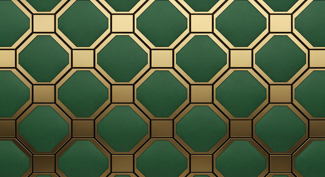 Seamless geometric pattern of dark green and gold hexagonal tiles repeating