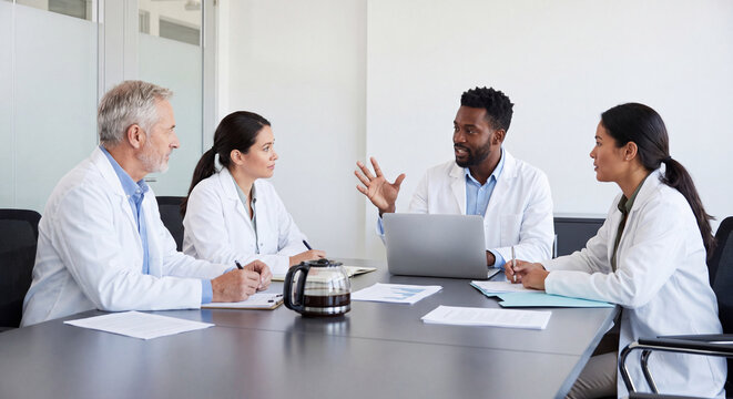 A diverse group of doctors and medical specialists in lab coats sit around a meeting table discussing clinical case studies and research