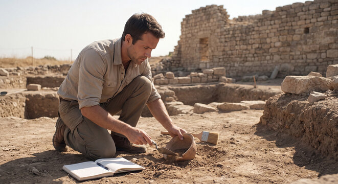 Male archaeologist kneeling in the dirt carefully examines ancient pottery fragments at a sunny historical excavation site.