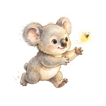 Cute baby koala in watercolor style chasing a glowing firefly in a playful moment