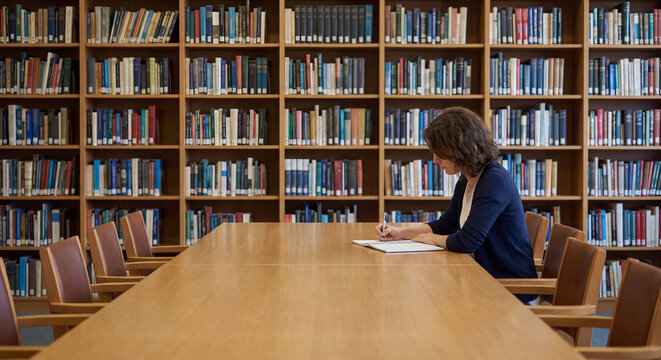 Young woman studying intently at long wooden table inside large quiet library surrounded by tall bookshelves filled with antique and modern books