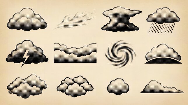 Retro halftone style cloud formations and weather elements collection on sepia background.