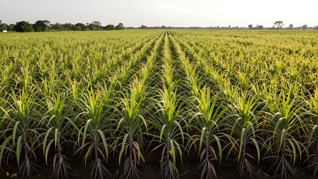 Long rows of young green sugarcane plants growing in a vast agricultural field plantation
