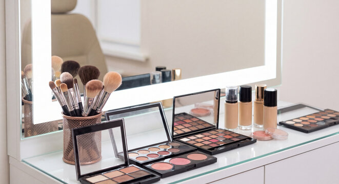 Illuminated vanity table equipped with makeup mirror eyeshadow palettes brushes foundations and beauty cosmetic products in bright modern studio