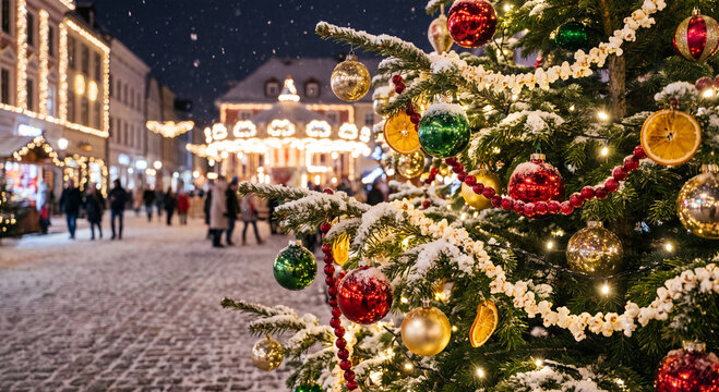 A grand Christmas tree adorned with glittering baubles and warm fairy lights shines brightly at twilight in a bustling historic town square