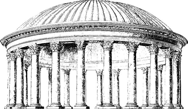 Antique circular domed temple engraving with colonnade and dome isolated on white background for architectural background and classical design