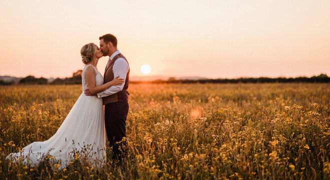 A newlywed bride and groom sharing a tender romantic embrace in a golden field during sunset in the countryside