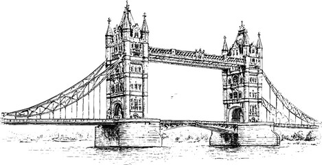 Obraz premium Antique engraved tower bridge isolated on white background detailed architectural drawing for background or poster design