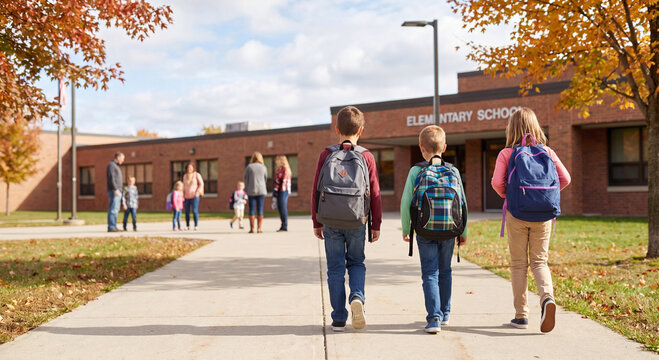 Young elementary children carrying backpacks walking along sidewalk toward entrance of brick school building during autumn