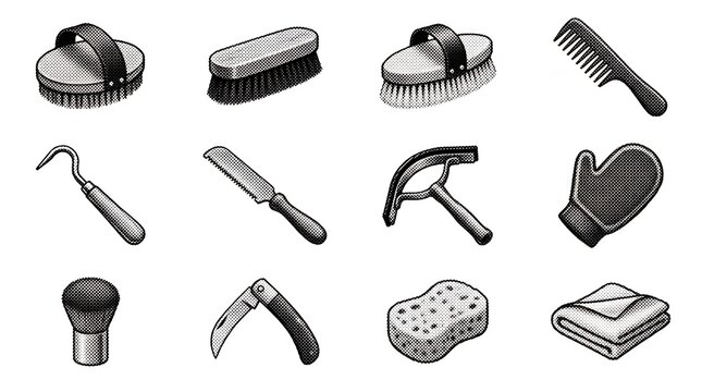 Retro grooming kit icons including brushes comb hoof pick sweat scraper and sponge set.