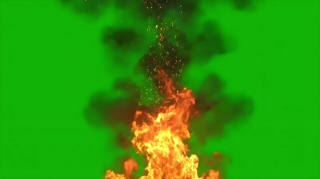 Orange fireball explosion with sparks rising on green screen chroma key