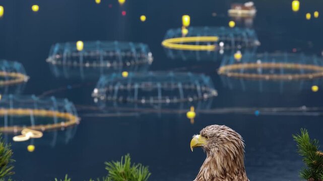 View of a white-tailed sea eagle perched overlooking circular salmon fish farm cages floating in the calm fjord waters of Valldal, More og Romsdal, Norway.