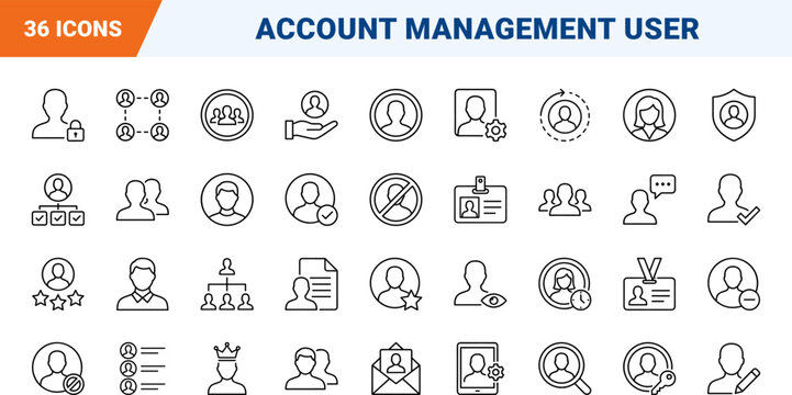 User account profile line icon set. Vector pictograms of settings, member, access, and interface elements, thin linear illustration.
