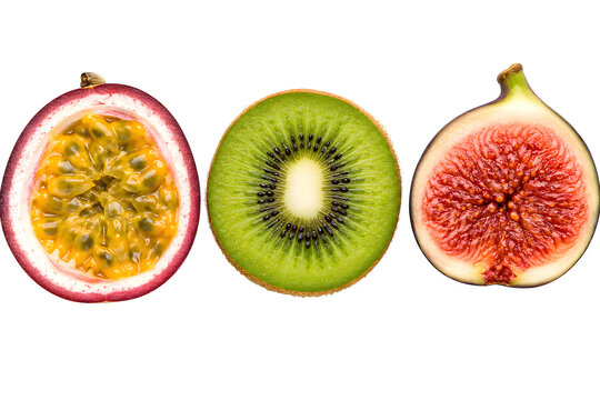 Halved Passion Fruit Kiwi and Figs in Row Isolated on Transparent Background PNG