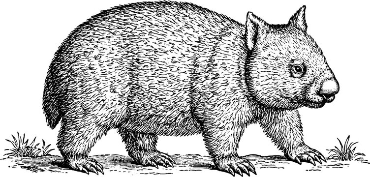 Antique engraving wombat isolated on white background for vintage animal illustration and scientific study plate