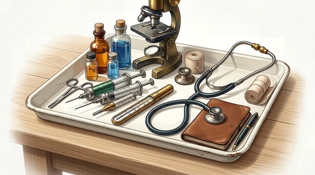 Antique medical equipment array on a tray featuring microscope and classic stethoscope.
