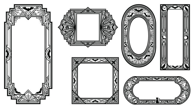 Halloween Art Deco frame set with gothic bat motifs, vintage black line borders for Halloween, 6 decorative vector frames for invitations transparent background with editable EPS